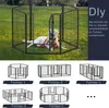 A dog pen set up outdoors with a dog inside, and several configurations of the pen shown below. Náhled obrázku produktu