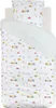 A top-down view of a child's duvet cover and pillowcase set with a playful pattern of trains, cars, and hot air balloons. Náhled obrázku produktu