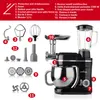 A collage of a black stand mixer with various attachments and accessories, along with a diagram labeling the different parts. Voir les images du produit