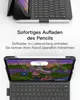 A tablet with a keyboard and stylus attached, displaying a colorful screen. Produktbild-Vorschau