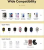 A compatibility chart showing various phones, Apple Watches, and Apple Airpods. Voir les images du produit