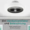 A ceiling fan with integrated light is shown mounted on a white ceiling, with text overlaid on a gray wall background. Produktbild-Vorschau