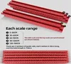 A close-up view of red guide rails with measurement markings, accompanied by descriptive text and numbered scale ranges. Podgląd zdjęcia produktu