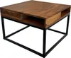 A square wooden coffee table with a black metal frame and open storage compartments. Produktbild-Vorschau