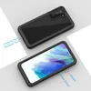 Two views of a black smartphone case, one showing the back and the other the front with the screen on. Labels point to various ports and buttons. Produktbild-Vorschau