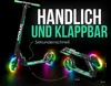 A marketing image showing a green and black Apollo Cityroller scooter with LED lights on the wheels, displayed in both an upright and folded position. Podgląd zdjęcia produktu