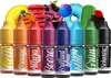 A collection of colorful bottles of liquid food coloring, arranged in front of various baked goods and sweets. Produktbild-Vorschau