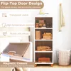 A multi-shelf storage unit with translucent doors, showcasing folded clothes and books. Features and benefits are highlighted with text and icons on the left. Náhľad obrázku produktu