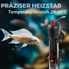 An aquarium heater is shown in an aquarium with a fish swimming nearby. Text overlays describe the product's features. Produktbild-Vorschau
