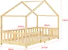 A wooden children's bed with a house-like frame and safety rails, shown from a side-front angle with dimensions indicated. Náhled obrázku produktu