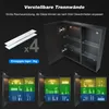 A marketing image showcasing a bathroom cabinet with adjustable shelves and internal lighting, along with illustrations of its storage capacity. Produktbild-Vorschau