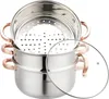 A stainless steel steamer pot with rose gold handles and a glass lid. Voir les images du produit