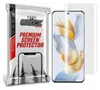 A product packaging for a screen protector next to a smartphone with a screen protector applied. Produktbild-Vorschau