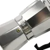Close-up of a silver coffee maker with a black handle. Podgląd zdjęcia produktu