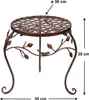 A metal plant stand with a decorative design of branches, leaves, and a bird, with dimensions indicated. Produktbild-Vorschau