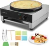 A VEVOR electric crepe maker with a crepe on the hot plate, along with various accessories and a plate of crepes with strawberries and whipped cream. Náhled obrázku produktu