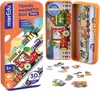 An open magnetic box with train-themed magnetic pieces inside and scattered around it. Produktbild-Vorschau