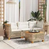 An outdoor patio scene with a beige poly rattan sofa and coffee table set, decorated with white cushions and plants. Produktbild-Vorschau