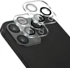 A close-up of a smartphone camera lens protector placed on a black smartphone. Produktbild-Vorschau