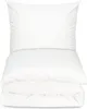 A white pillow and a folded white duvet are stacked on top of each other against a white background. Produktbild-Vorschau