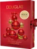 A red box with gold Christmas ornaments, some of which display brand names, arranged in a festive display. The box has the Douglas logo and text indicating value and highlights. Produktbild-Vorschau
