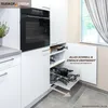 A kitchen cabinet with an oven and a pull-out basket filled with pots and pans. Produktbild-Vorschau