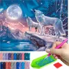 A collage showing a diamond painting kit with a wolf theme and the diamond painting process. Podgląd zdjęcia produktu