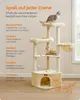 A multi-level cat tree with two cats interacting with it, set against a light-colored wall and floor. Produktbild-Vorschau