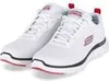 A pair of white Skechers sneakers with red and black accents, shown from a slightly elevated side angle against a white background. Produktbild-Vorschau