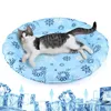 A cat is lying on a round, blue, snowflake-patterned cooling mat. Below the mat, there are several ice cubes with upward-pointing arrows, suggesting a cooling effect. Produktbild-Vorschau