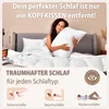 A woman is holding a pillow in bed, with text and illustrations about sleep types. Produktbild-Vorschau
