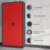 A red and gray metal cabinet with various features highlighted by circular insets and text. Produktbild-Vorschau