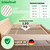 A bed frame with a slatted base, featuring product information and branding. Produktbild-Vorschau