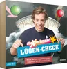 A man is holding a box for a science experiment kit called 'CheXperiment Lügen-Check'. The box features graphics related to science and detection. Produktbild-Vorschau