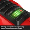 A close-up view of the control panel of a red power tool, showing a digital display with gear indicators and a red button. Produktbild-Vorschau