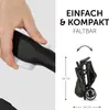 A hand is shown pressing a button on a stroller handle, and a folded stroller is shown with dimensions. Produktbild-Vorschau