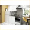 A small, modern kitchen setup with white cabinets, a refrigerator, a stove, and a sink. Produktbild-Vorschau