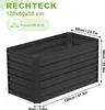 A 3D rendering of a black metal raised garden bed with dimensions and capacity indicated. Voir les images du produit