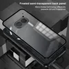 A semi-transparent phone case is shown from a diagonal angle, highlighting its frosted texture and camera cutout. The background is abstract and dark. Náhled obrázku produktu
