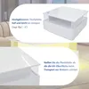 A white high-gloss coffee table with storage is shown in two different views, with text overlays describing its features. Voir les images du produit