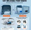 A collage of images showing an inflatable paint booth with dimensions and recommended vehicle sizes. Voir les images du produit