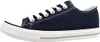 A side view of a navy blue canvas sneaker with white laces and a white sole. Produktbild-Vorschau
