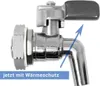 A close-up shot of a stainless steel faucet with a dark gray handle, set against a white background. A blue arrow points upwards and to the right, indicating a direction or function. A blue banner at the bottom of the image contains German text. Produktbild-Vorschau