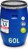 A blue 60-liter plastic barrel with various labels and certifications. Produktbild-Vorschau