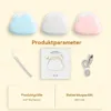 Three cloud-shaped night lights in blue, white, and pink, along with product specifications and accessories. Produktbild-Vorschau