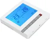 A white digital thermostat with a blue LCD screen displaying temperature and time, and gray control buttons. Voir les images du produit