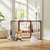 A wooden pet gate is set up in a doorway, with a corgi wearing a striped shirt on one side and a fluffy cat on the other. Podgląd zdjęcia produktu
