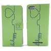 Two views of a green phone case with a blue "be happy" design. Produktbild-Vorschau