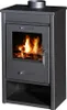 A dark gray wood-burning stove with a glass door showing a fire inside.