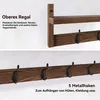A product image showing a wooden shelf with hooks, divided into two sections. The top section displays a shelf labeled 'Oberes Regal' with descriptive text. The bottom section shows a wooden plank with five metal hooks, labeled '5 Metallhaken' with descrip Produktbild-Vorschau